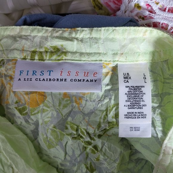 First Issue Womens Lime Green Floral Sheer Button-Down Blouse Large Mature Light - Picture 3 of 11
